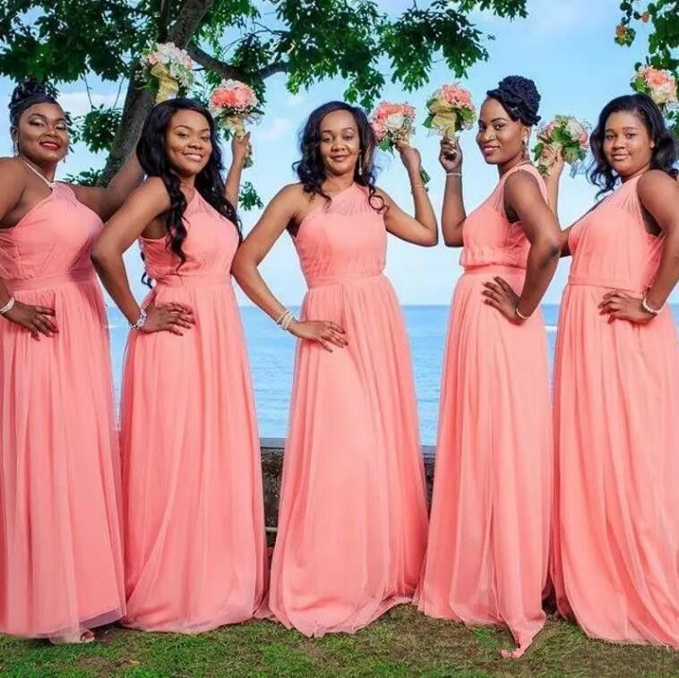 Compra Un Solo Hombro Coral Long Dama De Honor Vestidos 2019 Ruchada Una  Línea De Gasa Longitud Longitud Dama De Vestidos De Honor Vestido De Fiesta  De Fiesta 101 Barato | Entrega