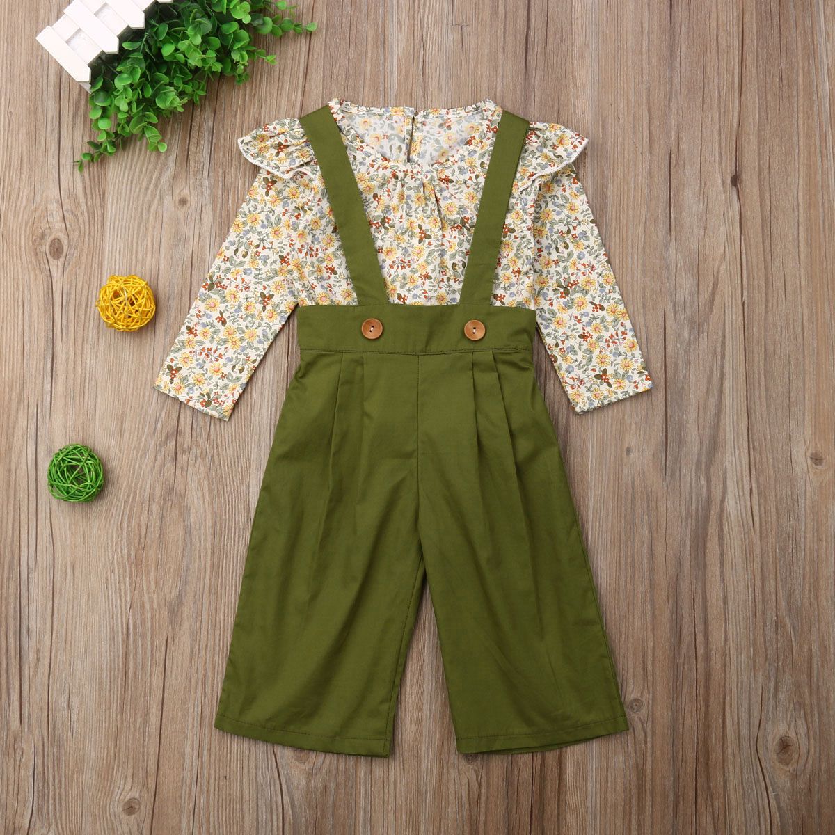 2PCS Toddler Baby Girls Long Sleeve Floral Tops+Overalls Pants Winter Outfits