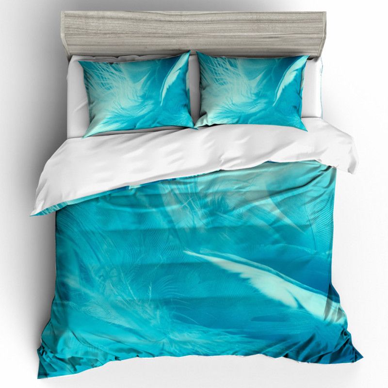 3d Feather Bedding Set Queen Size Blue Design Print Duvet Cover