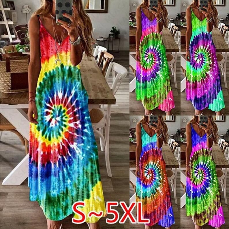 Compra Talla Grande Mujer Vestido Maxi Diseñador Tie Dye Whirlpool Verano Vestido  Largo Extracto Sin Mangas Strap Ajustable Playa Rainbow Dress D7104 Barato  | Entrega Rápida Y Calidad | Es.Dhgate
