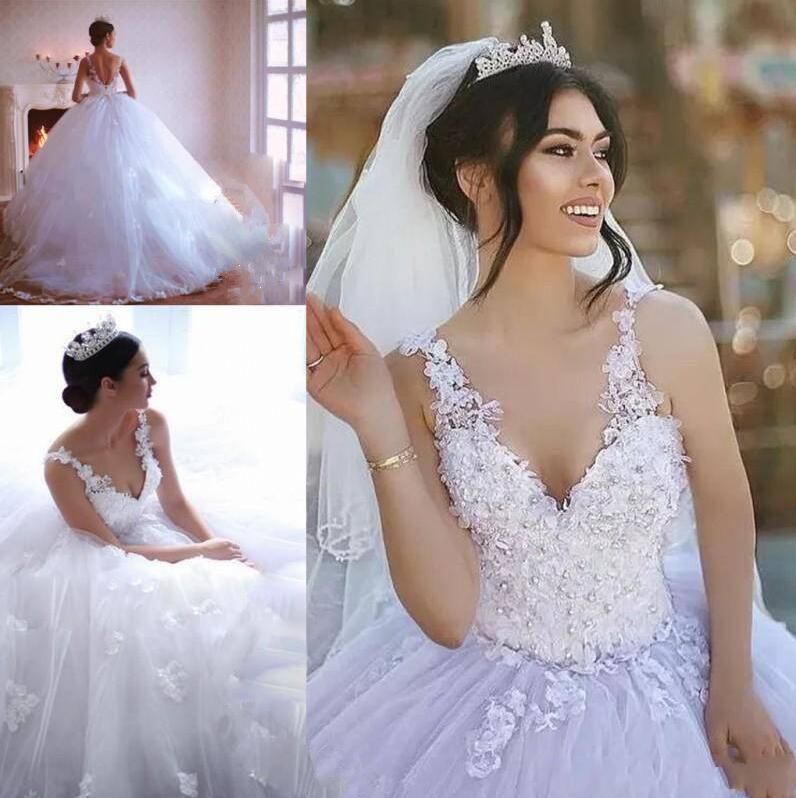 Compra Princesa Vestidos De Novia Con Cuello En V Profundo Perlas Perlas  Apliques De Encaje Vestido De Bola Vestido De Novia Encaje Hasta La Espalda  Vestidos De Novia Barato | Entrega Rápida