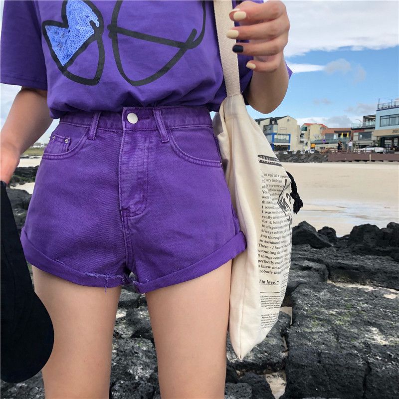 purple denim shorts womens
