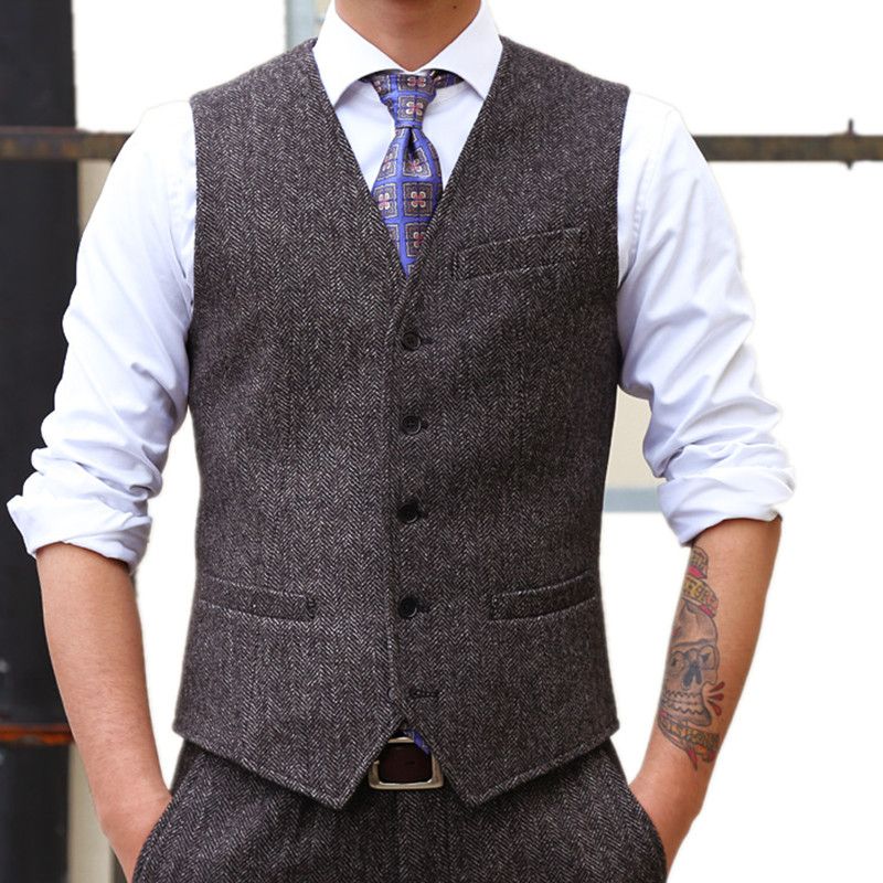 2020 Dark Gray Groom Vests For Wedding Bestmen Wool Herringbone Tweed ...