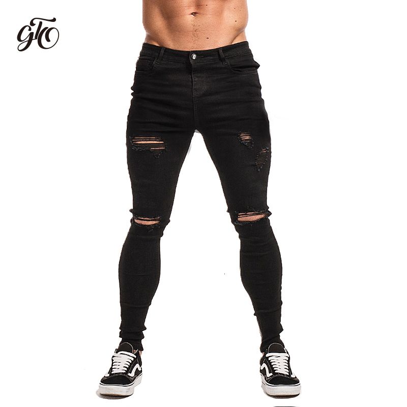 Gingtto Black Skinny Ripped Jeans para Hombres Super Spray en Tobillo Medio Cintura Moda Streetwear