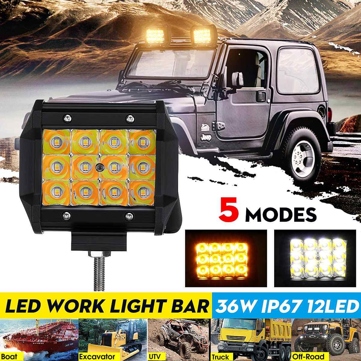 2X 5" 36W Offroad Lamp LED Light Bar Strobe White Amber Color Dual ATV SUV Car