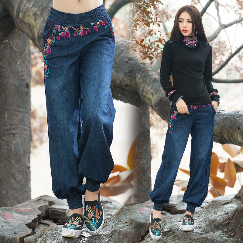 Jeans mujer étnico 2021 mujeres otoño primavera bohemian hippie original largo denim pierna