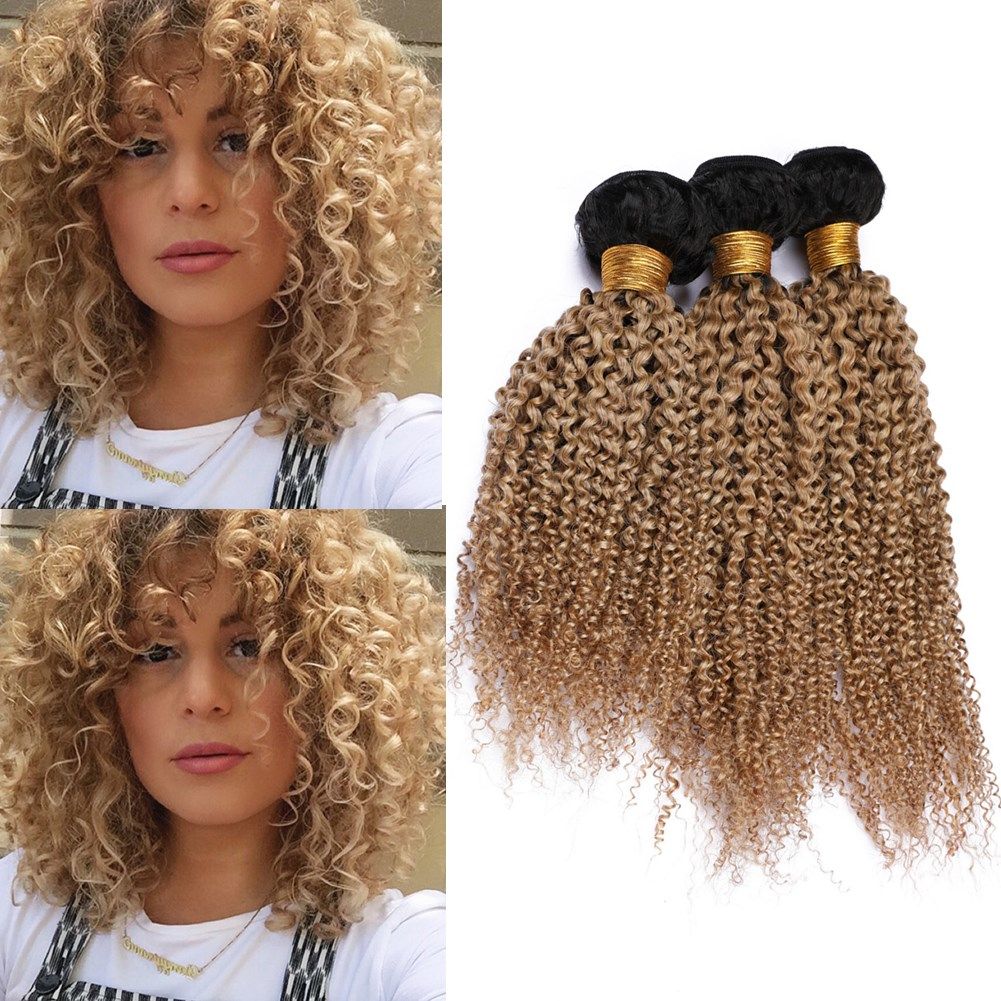 2019 1b 27 Honey Blonde Ombre Malaysian Kinky Curly Human Hair Bundles Black Root Light Brown Ombre Virgin Human Hair Weave Wefts 10 30 From