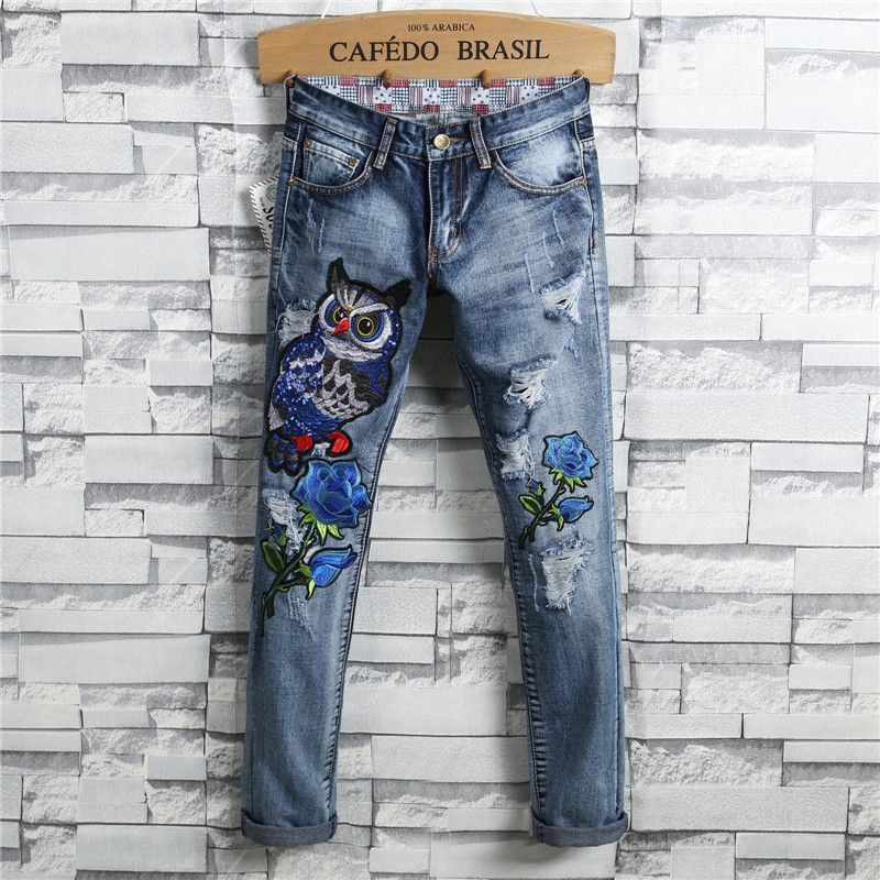 New Men Embroidery Lucky Bird Jeans 