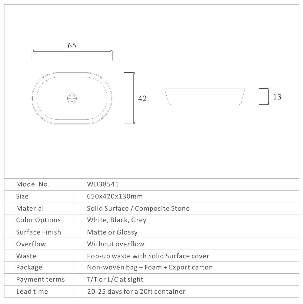 2020 650mm Bathroom Rectangular Countertop Wash Sink Fashionable