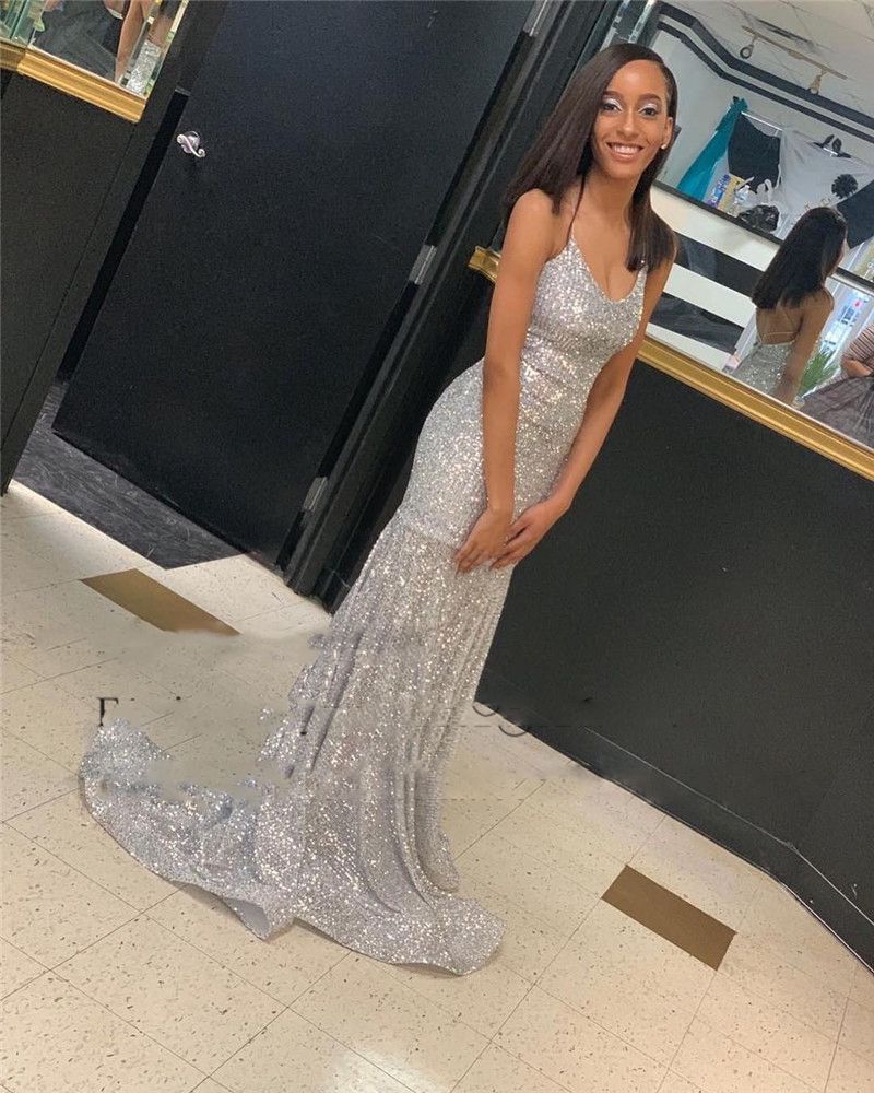 Sparkle lentejuelas sirena vestidos de baile 2019 con escote en V sin espalda vestidos de fiesta Sparkle lentejuelas sirena vestidos de baile 2019 con escote en V sin espalda vestidos de fiesta