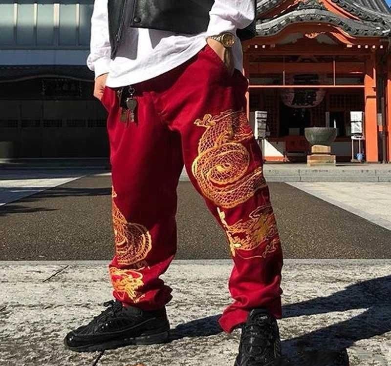 Mens Chinese Retro Dragon Embroidery Pants Casual Long Trousers Sweatpants Chic 