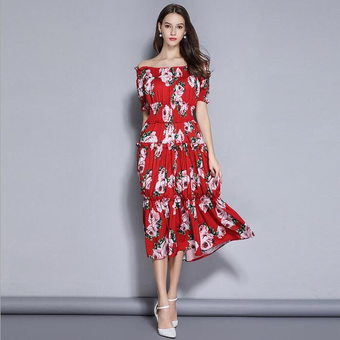 Compra Beauitful Verano Rojo Vestidos Estampados De Flora Vestidos  Imperiales Cuello Slash Faldas A Media Pierna Manga Corta Barato | Entrega  Rápida Y Calidad | Es.Dhgate