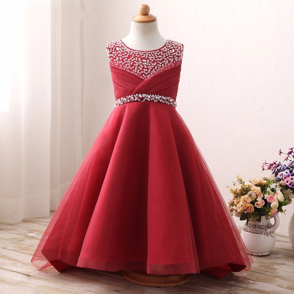 Burgundy Flower Girls Dresses For Weddings A Line Organza Jewel Neck Sequins Beaded Pleated Kids