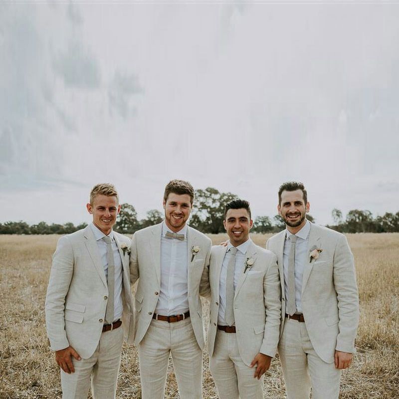 Ivory Linen Summer Beach Groom Tuxedo 