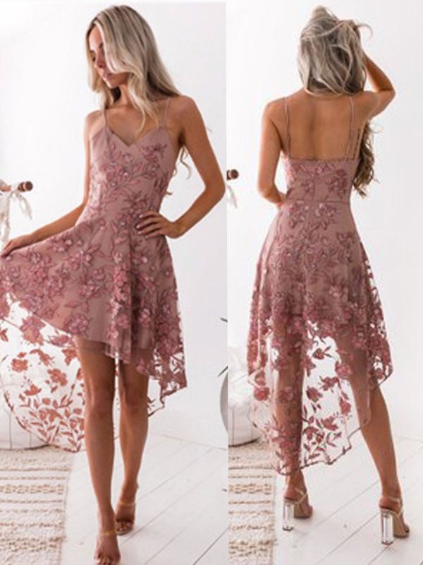 Compre Mulheres Pink Party Sexy Vestidos Verão 2020 Sexy V Neck Spaghetti Strap Backless Lace Oco Organza Painéis Irregular Vestido De Baile De Plumblossomstore, $125,82 | Pt.Dhgate.Com
