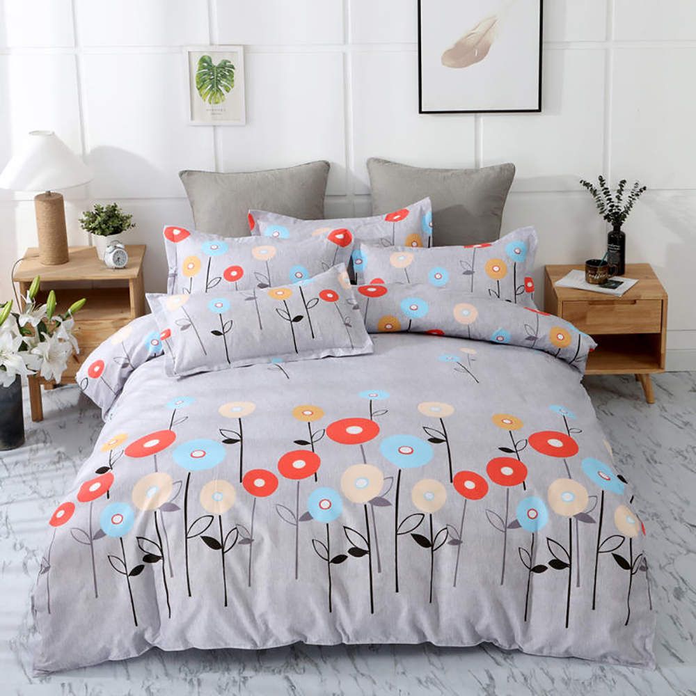 Cartoon Flowers Bedding Set King Size Simple Beautiful Grey Duvet