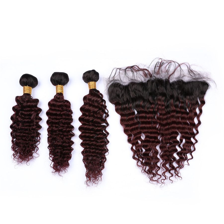 2019 Burgundy Ombre Brazilian Deep Wave Bundles With Frontal Closure Two Tone 1b 99j Wine Red Ombre Human Hair Weaves With Full Lace Frontal From