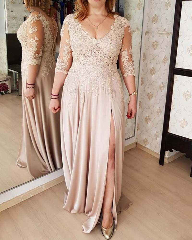 Champagne Mother Of The Bride Dress Plus Size Champagne Lace Plus Size Mother Of The Bride Dress Illusion 3/4 Sleeve High Split Chiffon Wedding Guest Party Evening Women Formal Gowns From In_love, $81.05 | DHgate.Com