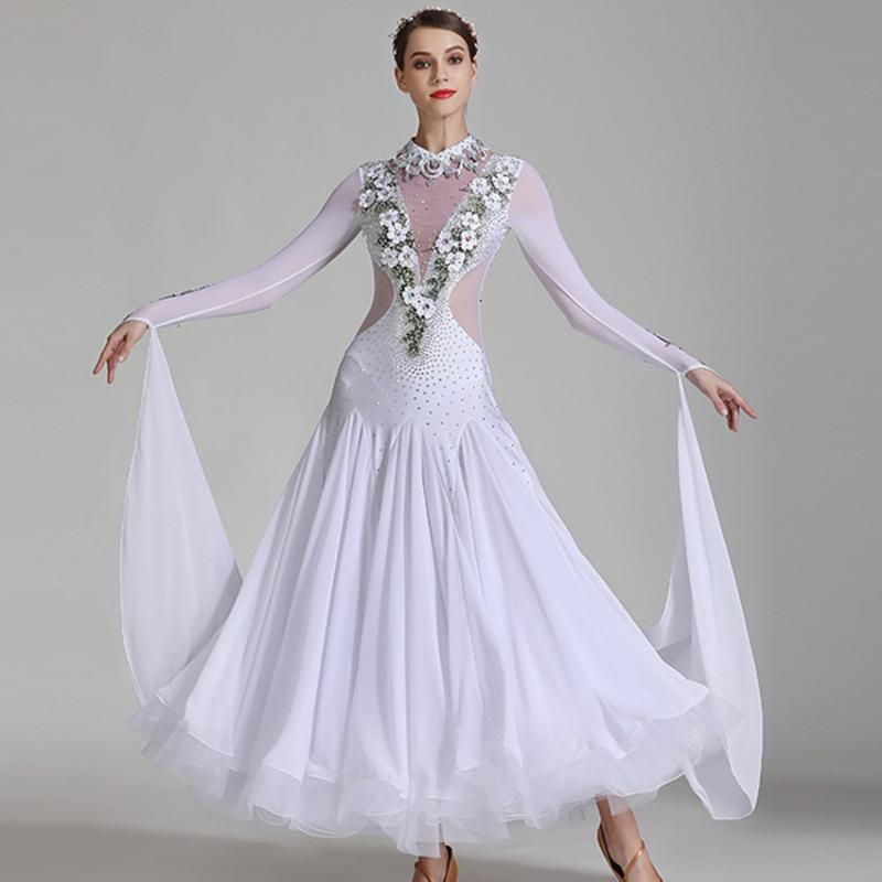 2020 Plus Size Ballroom Dance Costume Rumba Dress Dance Competition Costume Foxtrot Dress White 