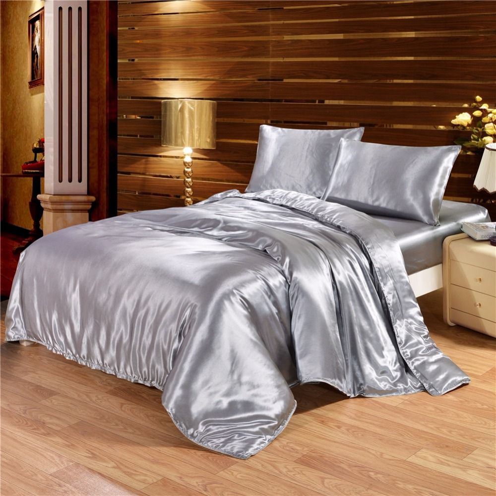 Solid Color Satin Faux Silk Grey Bedding Set Duvet Cover Set Silky