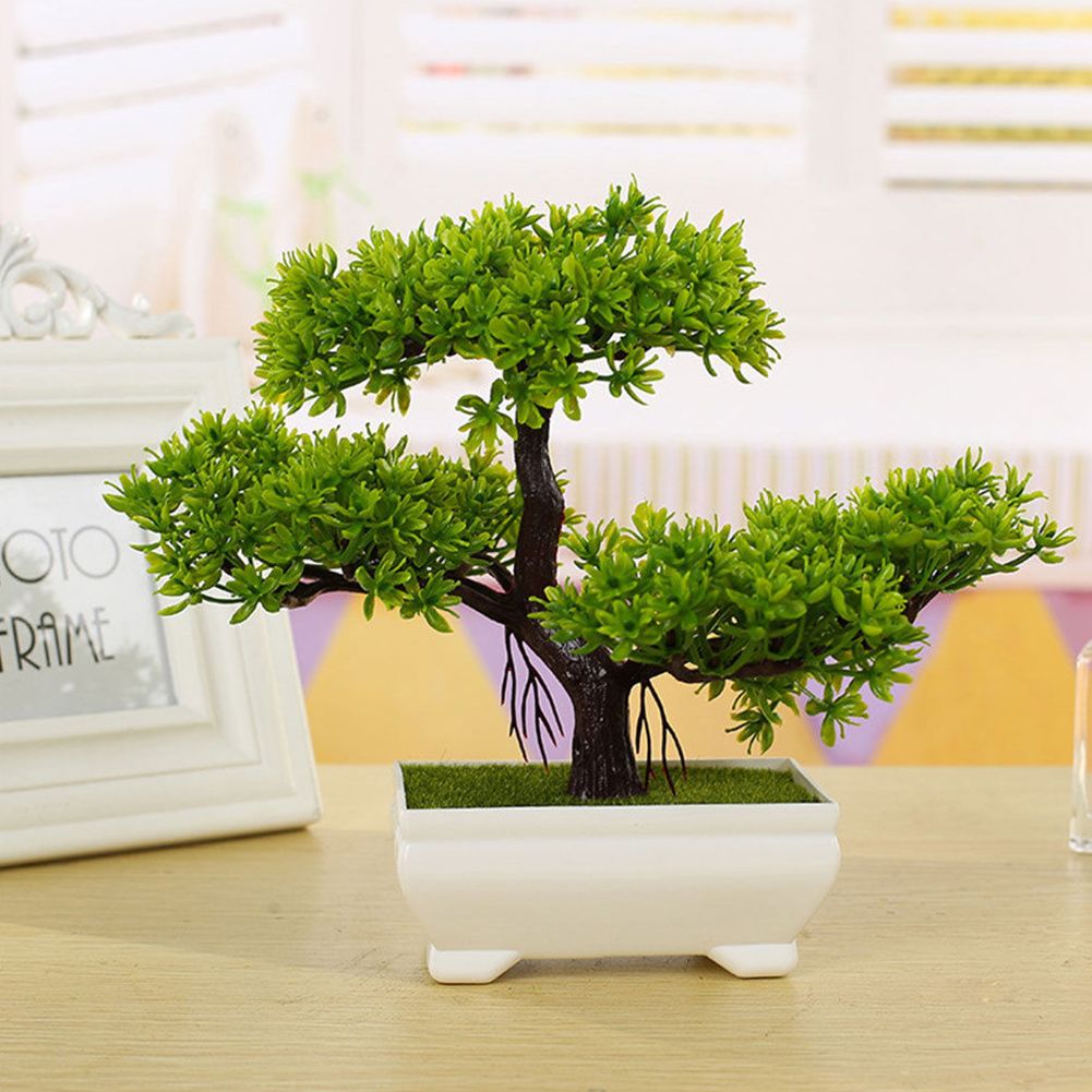 Decorative Artificial Plastic Realistic Desk Faux Bonsai Tree Potted Plant Pot 