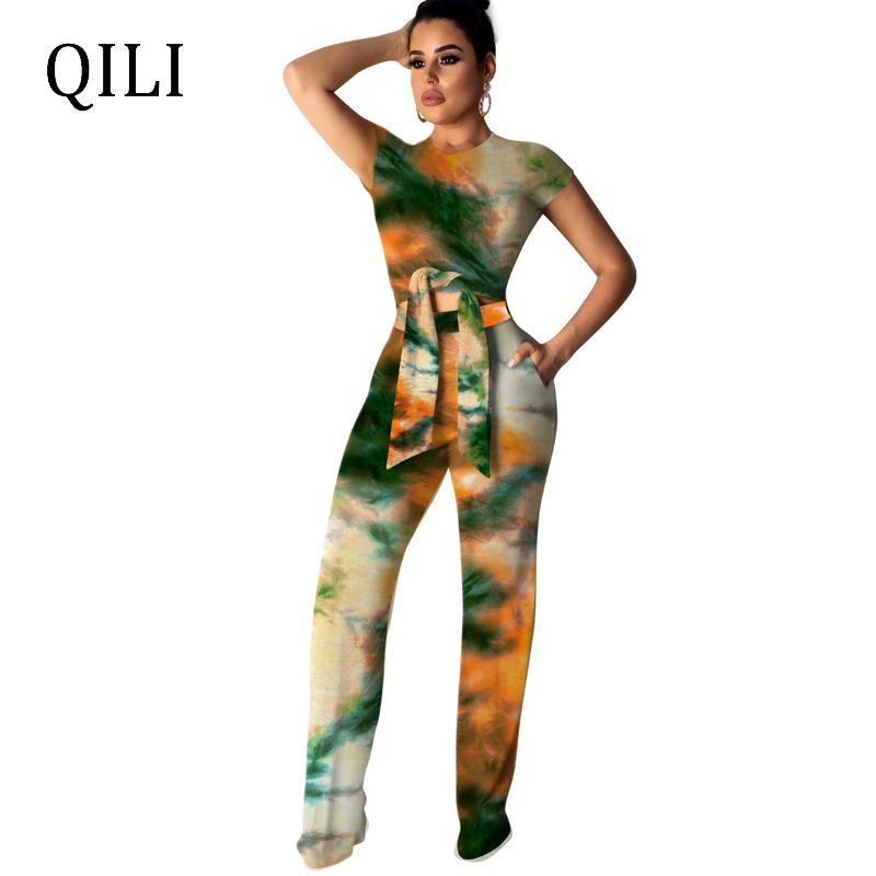 Women/'s Fashion Short Sleeve Colored Print Wide Leg Pants Jumpsuit Casual 2pcs