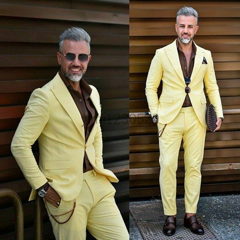 Light Yellow Men Suits Peaked Lapel One 