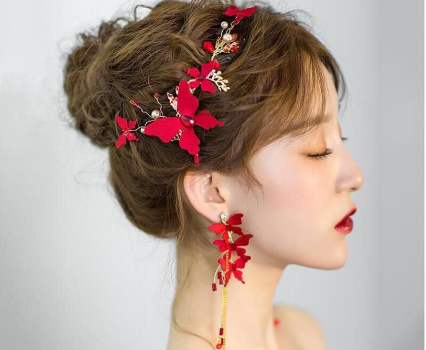 Korean bridal headdress Chinese red butterfly hair accessories new wedding accessories bridal jewelry three-piece suit Korean bridal headdress Chinese red butterfly hair accessories new wedding accessories bridal jewelry three-piece suit