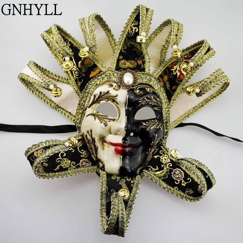 Gnhyll Luxury Full Face Venetian Joker Masquerade Mask Bells