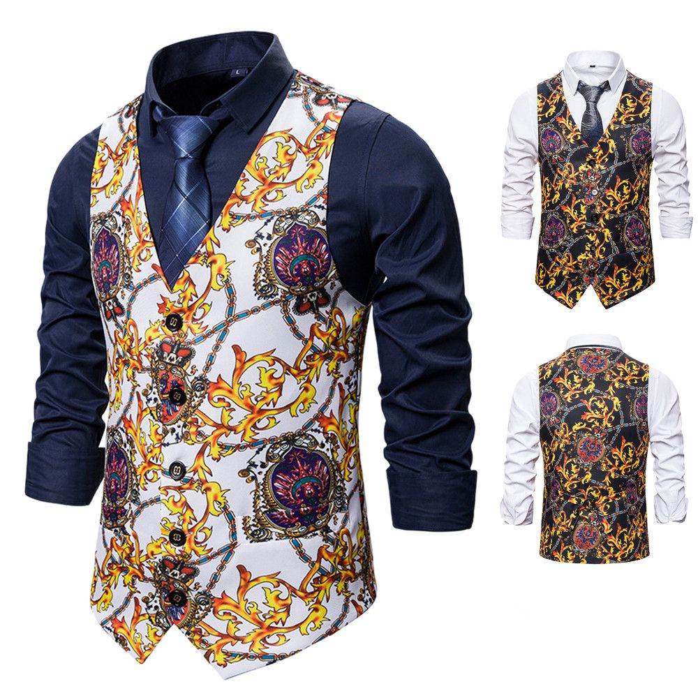 Mens Vests Dress For Men Slim Fit Casual Retro Pattern Print Sleeveless