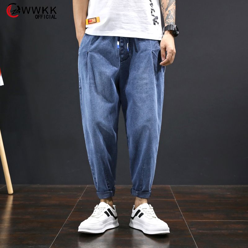 mens pleated denim trousers