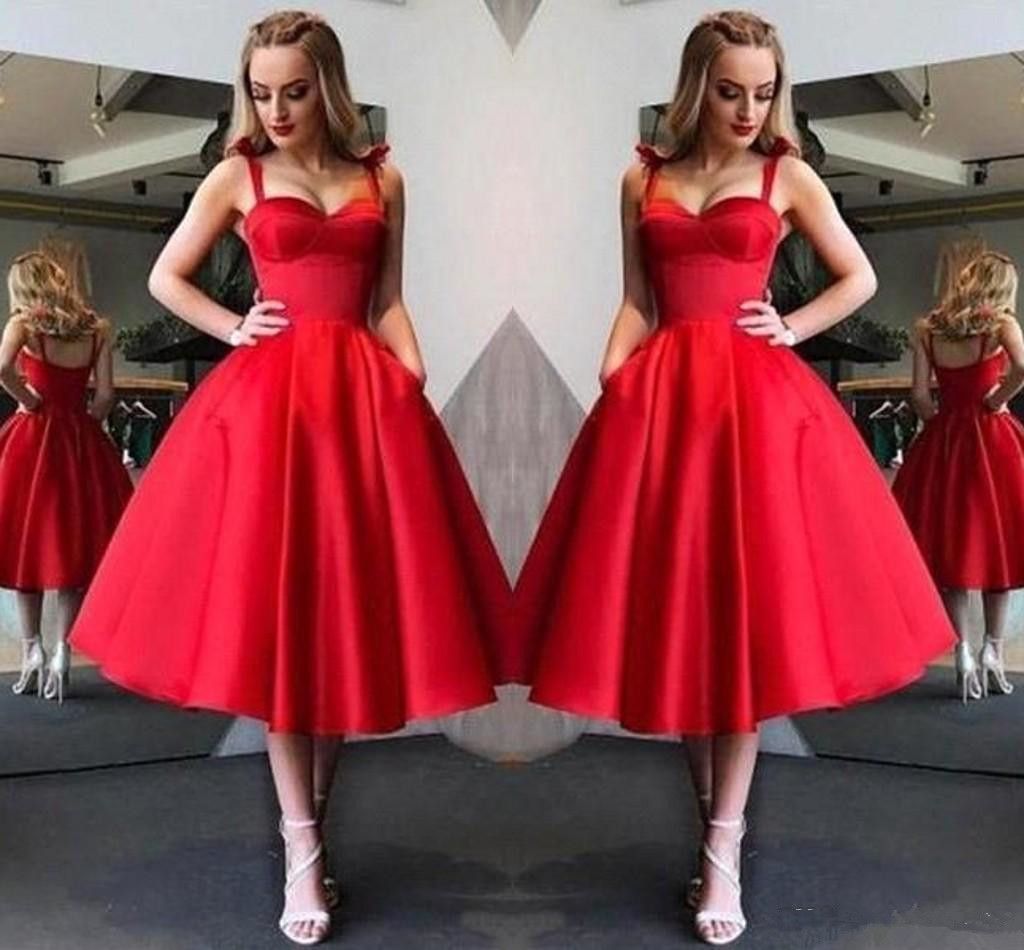 Modest Knee Length Red Cocktail Dresses Sexy Spaghetti A Line Ruffles Short Homecoming Dresses Prom Gowns