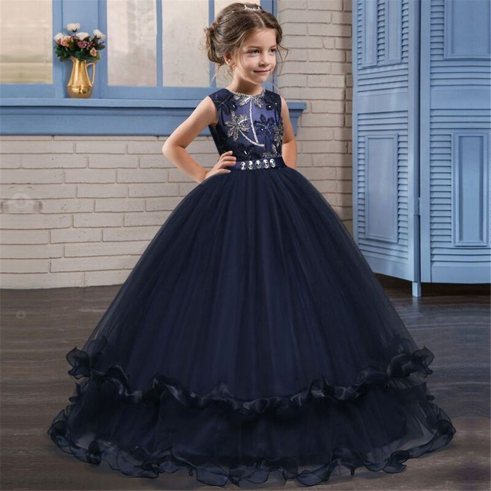 Train Beautiful Little Kids Flower Girl Dress Formal Tulle Floor