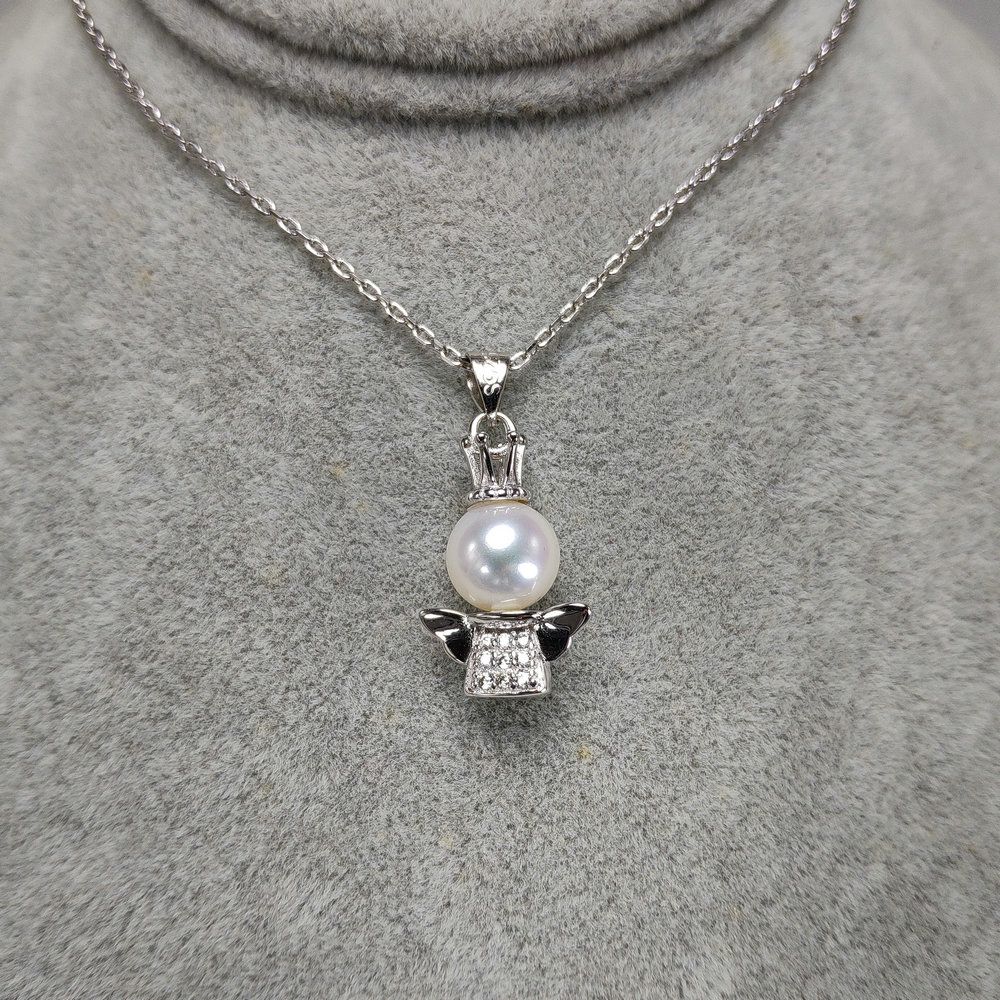 Silver Material Necklace Women Girls Angel Pearl Pendant Necklaces White Wedding White 45CM