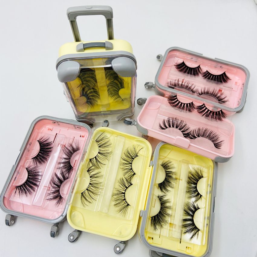 2pairs / reset 창조적 인 수하물 포장 상자 25mm 속눈썹 가방 가짜 밍크 눈 속눈썹 확장 미니 케이스