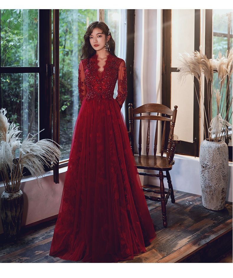 Wine Red Embroidery Long Sleeve Luxury 