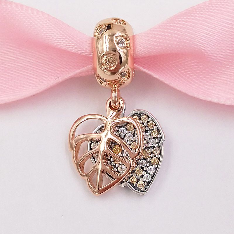 European 925 Silver CZ leaf Charm Beads Pendant Fit Bracelet Necklace Chain