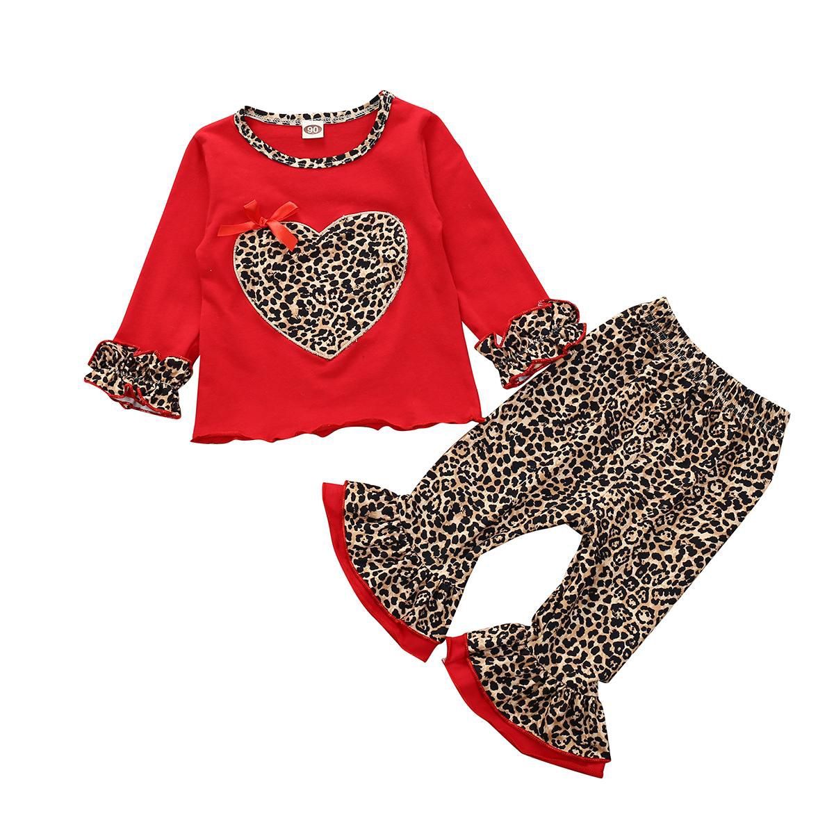 2Pcs Toddler Kids Baby Girl Leopard Clothes T-shirt Tops+Flare Pants Outfits Set
