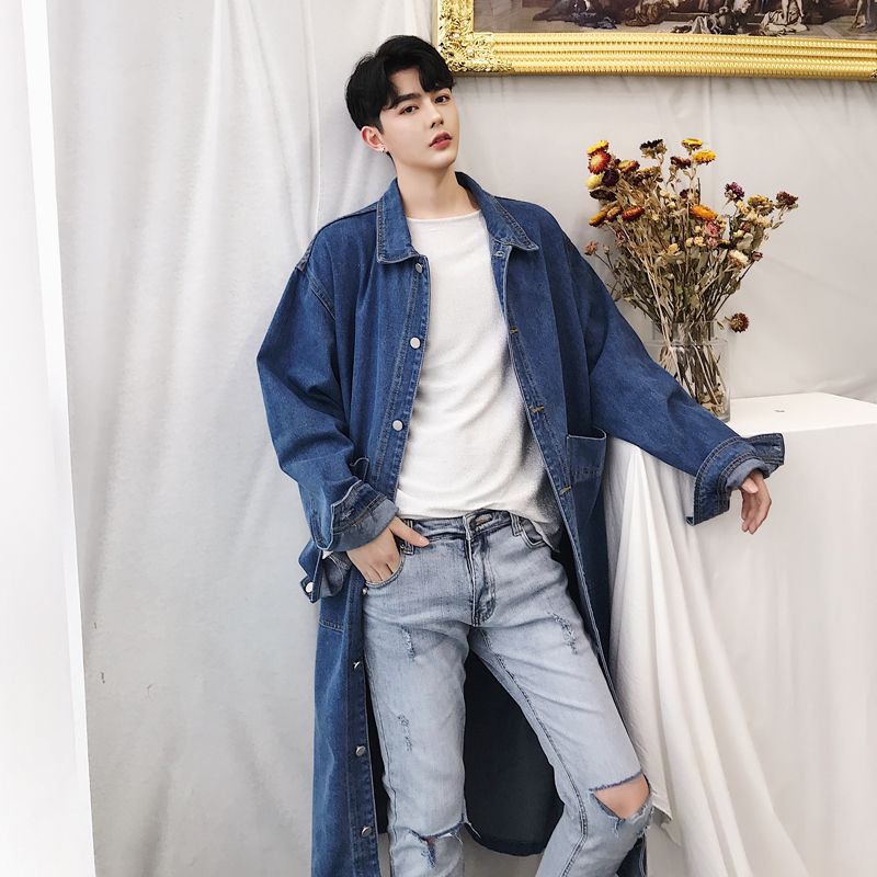 2018 Autumn New Couple Long Denim Trench Coat Men Fashion