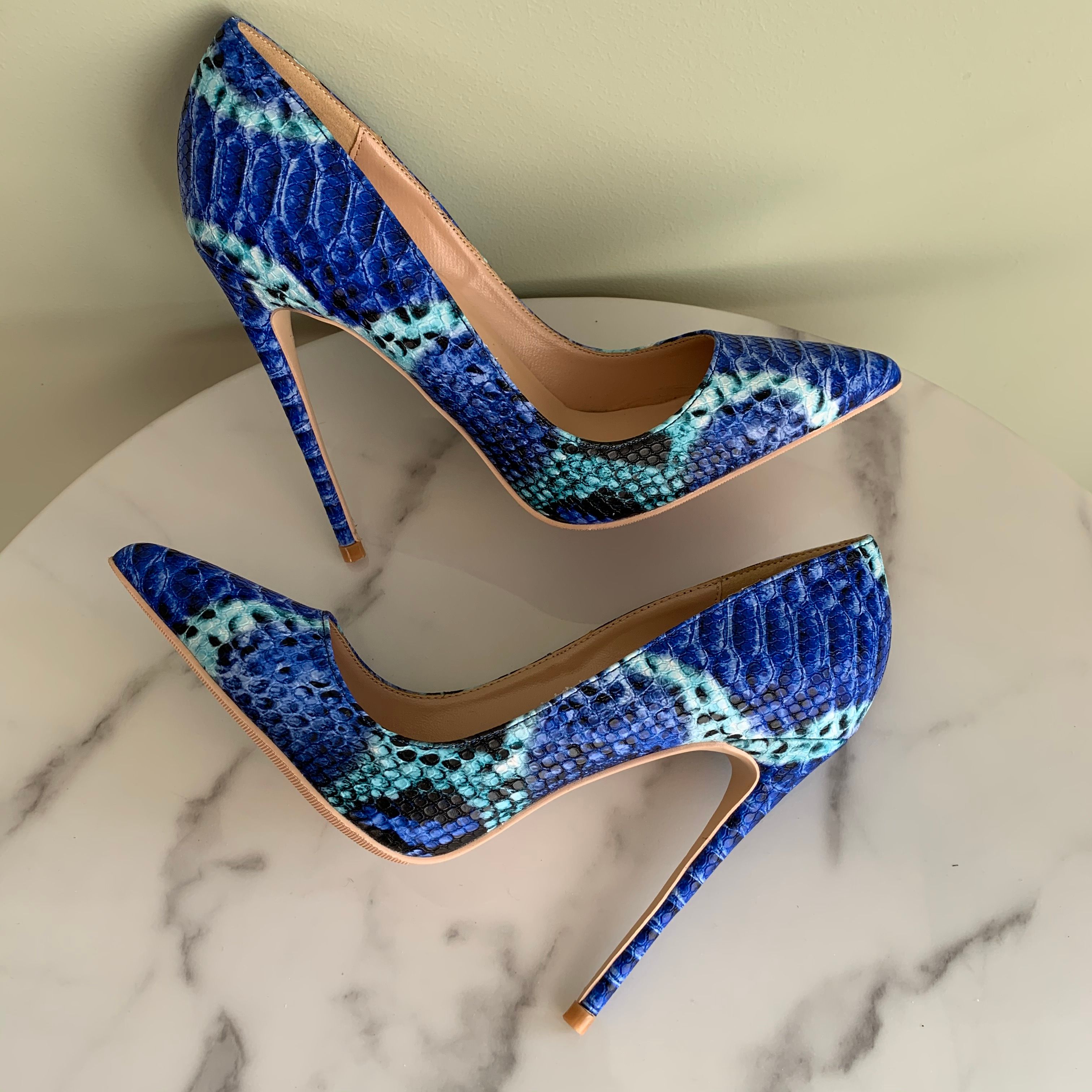 Fashion Women Pumps Blue Snake Python Printed Pointed Toe High Heels ...
