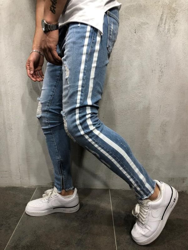 Mens Jeans 2021 Side White Bar Ripped 