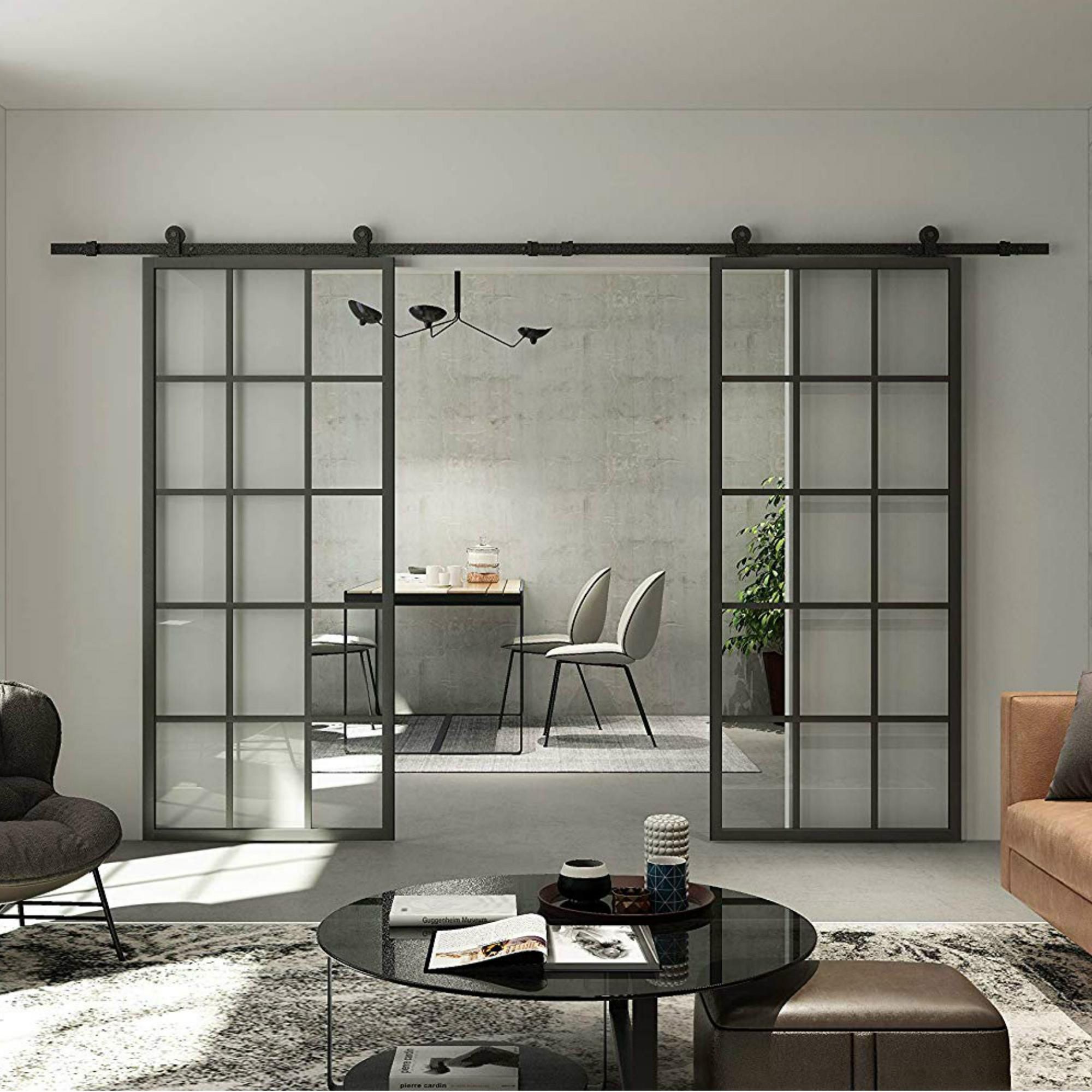Interior Black Aluminum Framed French Panel Barn Door Clear Tempered
