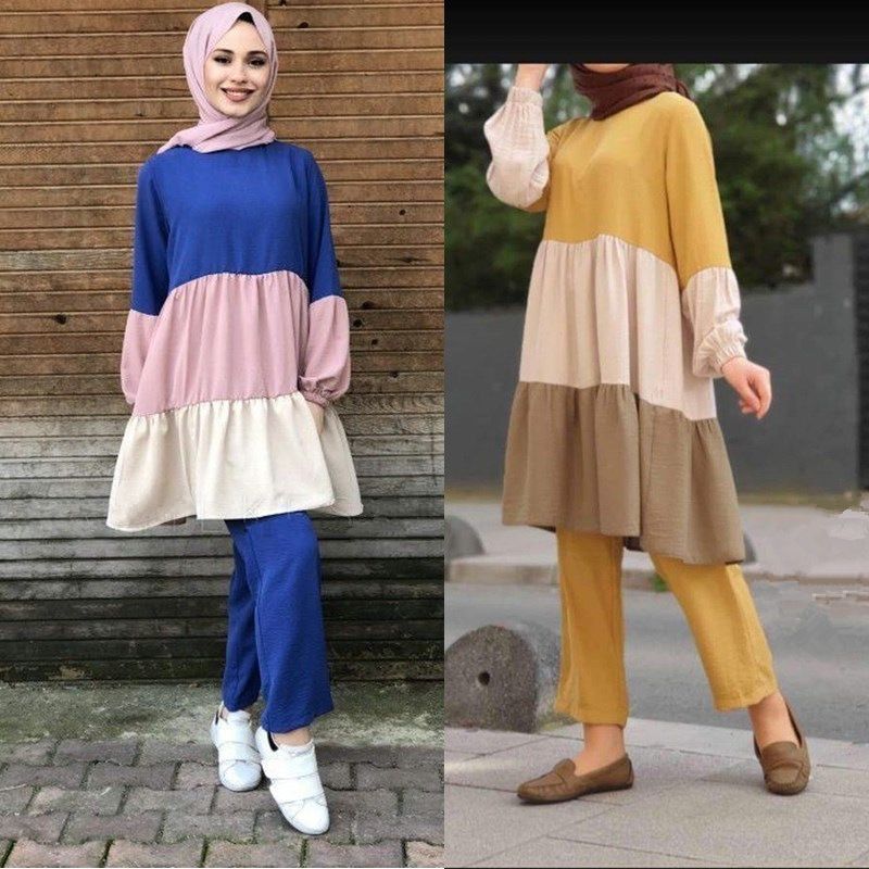 2021 Two Piece Dress Wepbel Muslim Womens Arab Suit Plus Size Long Sleeve Tops And Full Length Pants Patchwork Loose Set From Xiatian8 26 59 Dhgate Com