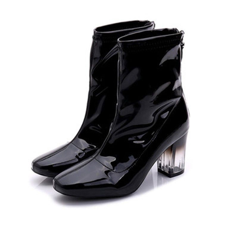 heeled patent ankle boots