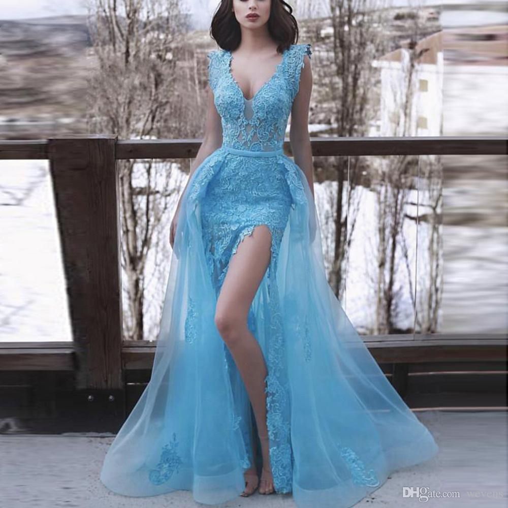 Compra Vestidos De Fiesta De Encaje De Sirena Azul Cielo Con Tren  Desmontable Vestidos Largos De Noche Con Escote En V Vestido De Fiesta  Formal Vestidos Personalizados Barato | Entrega Rápida Y