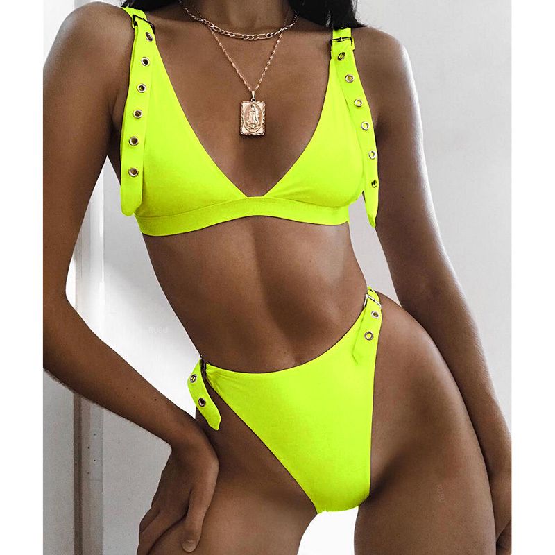 Neon Green High Cintura 2019 Ajuste Traje de baño Mujer Thong Swimwear Mujer