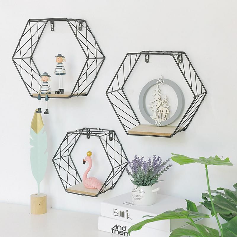 2020 Iron Hexagonal Grid Geometric Wall Shelf Organizer