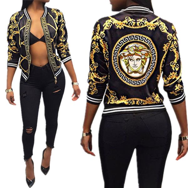 Versace Prendas De Abrigo Chaqueta Ocasional De Las Mujeres Floral Estampado De Flores Retro Las Señoras De Cremallera Hasta Corto Y Delgado Delgado De La Chaqueta De Bombardero Coats Moda Básico