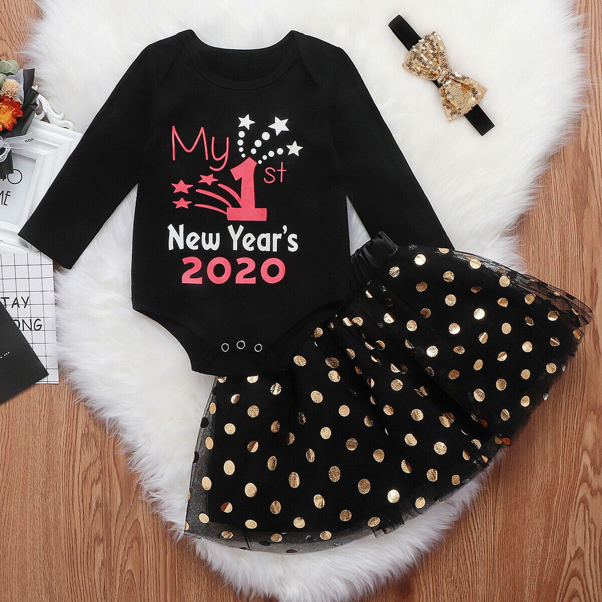 Newborn Baby Girl Boy My 1st New Year Clothes Romper+Pants+Headband Outfits Sets