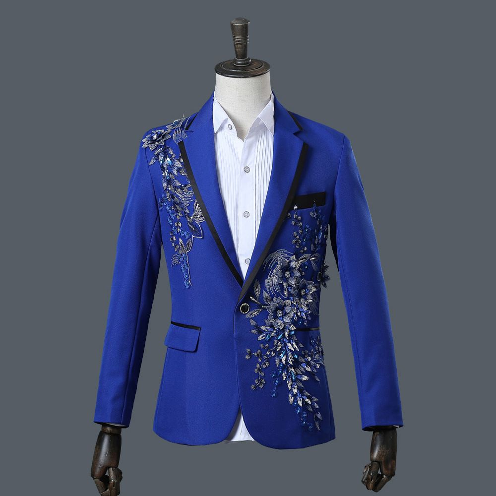 2019 New Designer Blue Men Jackets Lace Sequins Slim Fit Prom Groom ...